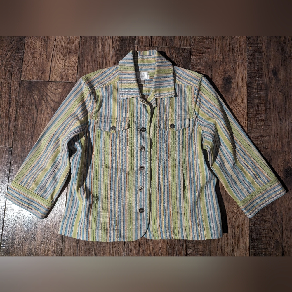 Christopher & Banks Womans Jacket Size L Striped Stretch Buttons Pastel Colors